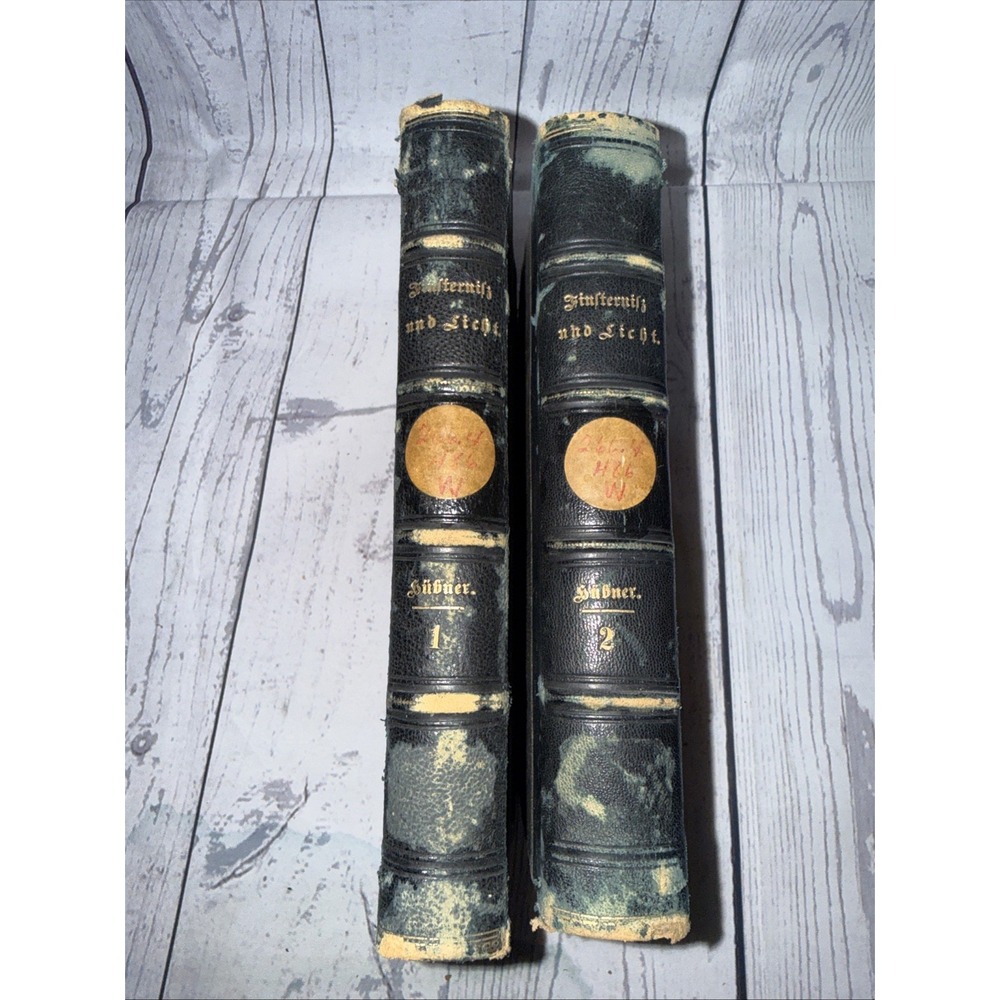 Antique 19thC German Books Finsternis und Licht by J. Hübner Vol 1 & 2 Leather